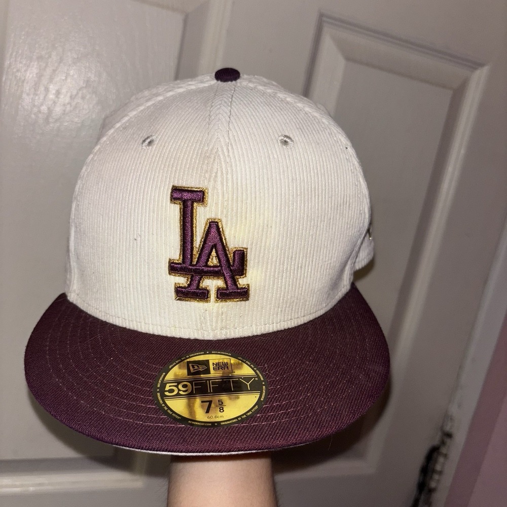 LA Dodgers Hat Cap Mens 7 5/8 Beige Corduroy 100th Anniversary New Era 5950 MLB